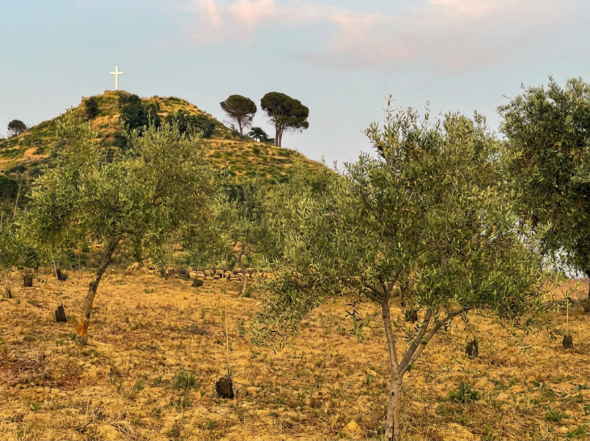 Uliveto della contrada Candilia al tramonto, con la croce sulla collina di Piazza Armerina